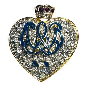 Orient Express Crown Heart Clear Rhinestone Blue Enamel Brooch
